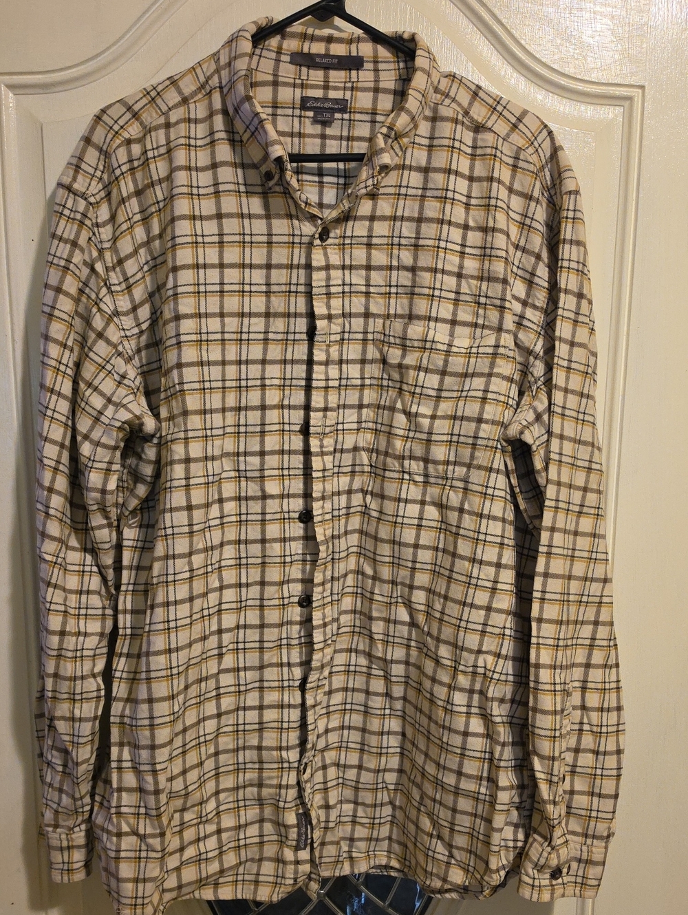 Eddie Bauer Plaid Button-Down Shirt in Cream, Tan and Brown